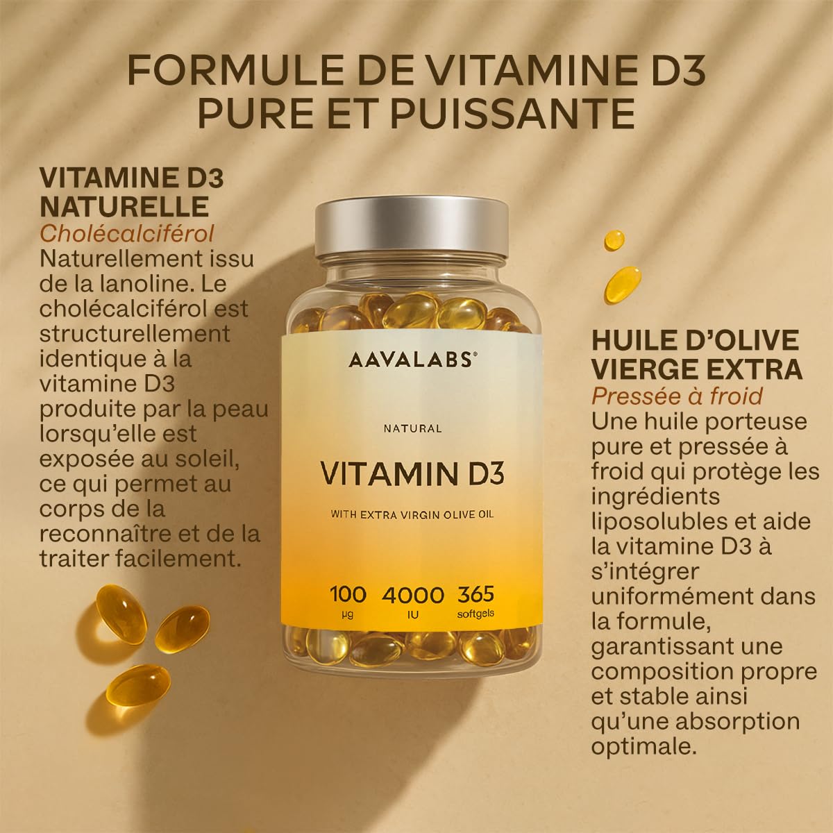 Vitamine D3 4000 UI - Vitamine D avec Huile d’Olive Extra Vierge pour Absorption Optimale - Vitamines sans OGM, sans Gluten et Lactose pour les Fonctions Osseuse, Musculaire, Immunitaire - 365 Gélules