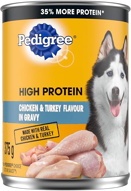 PEDIGREE HIGH PROTEIN Aliments pour chiens mouillés, viande réelle, poulet & Arôme de la Turquie à Gravy, 12x 375g (13 oz) Canettes