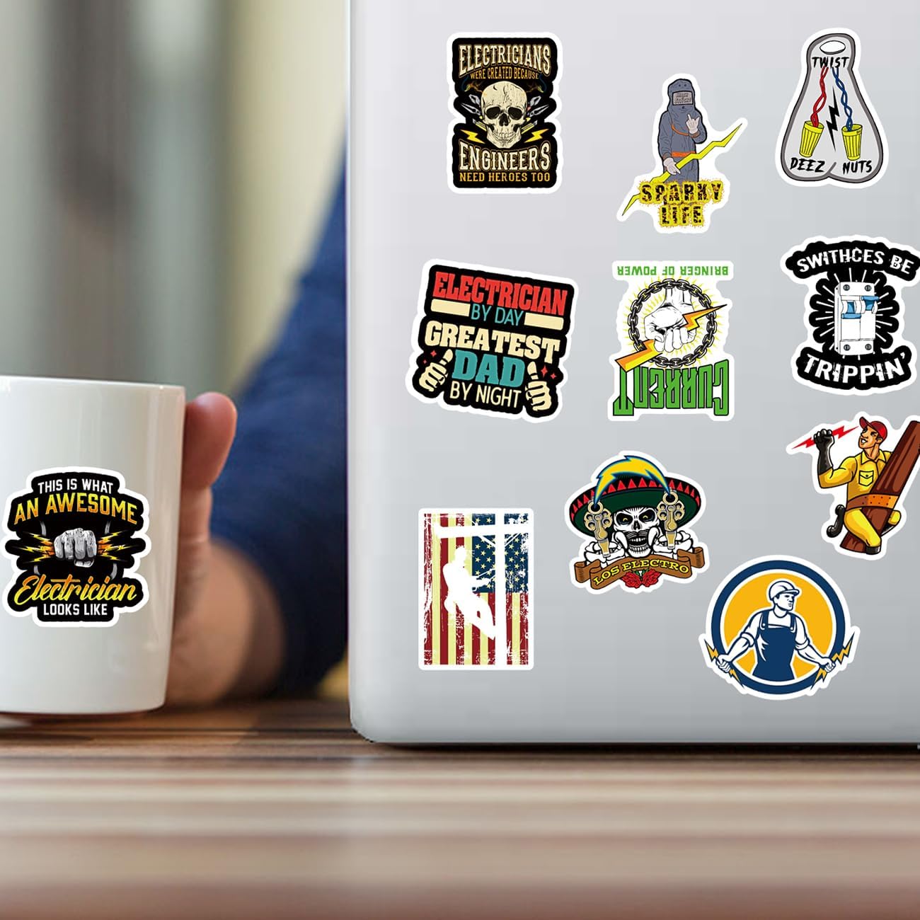 Electrician Stickers 50Pcs Funny Electrical Hard Hat Stickers for Electrician Men Lineman, Waterproof Vinyl Stickers for Helmet Toolbox Water Bottle Laptop