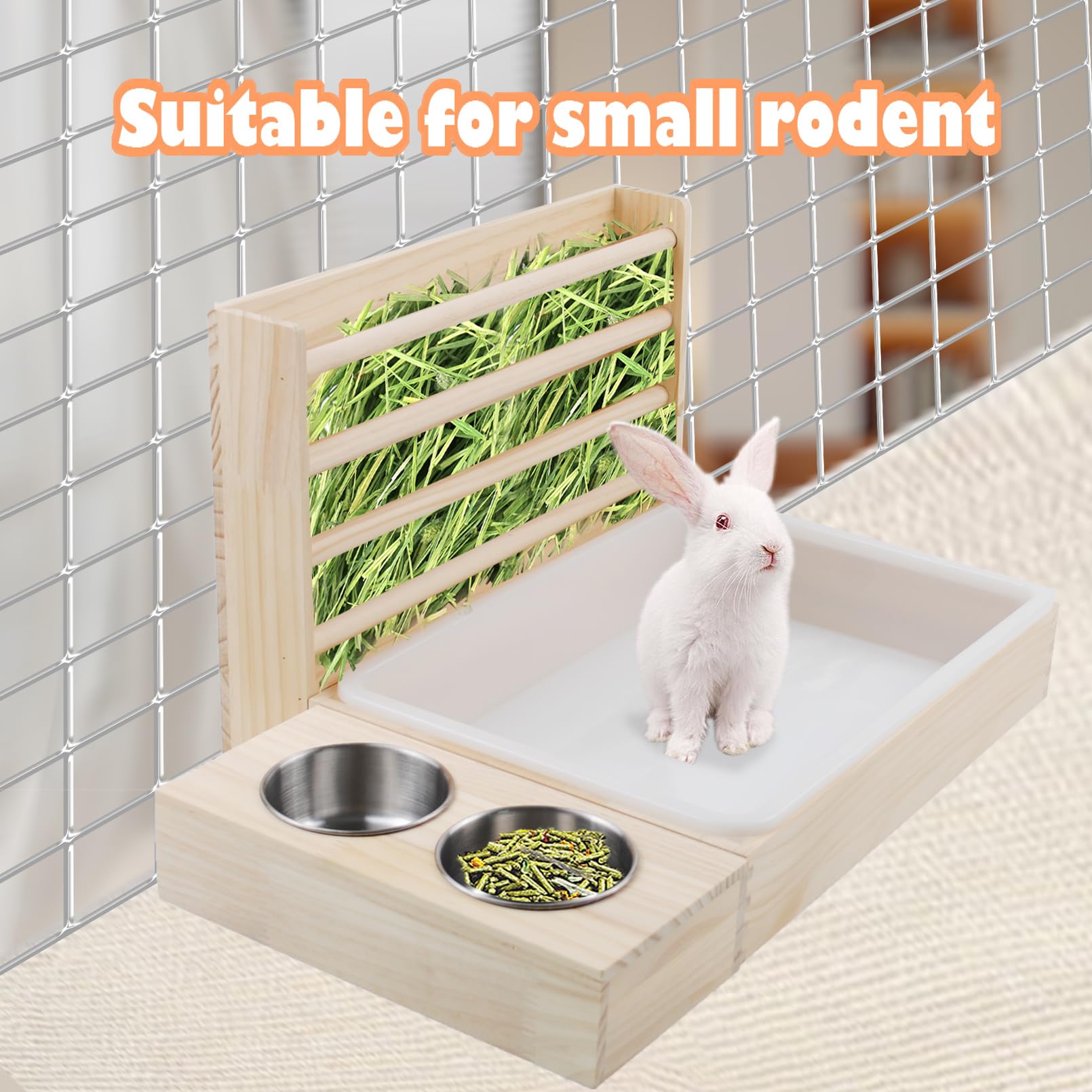 PINVNBY Rabbit Hay Feeder with Litter Box,3 in 1 Wooden Bunny Feeder Guinea Pig Litter Box Small Animal Hay Holder Rack with Toilet and 2 Bowls Combo for Rabbits Chinchillas Hamsters - image 6