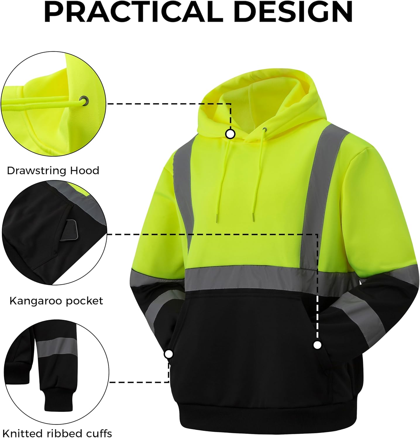 wantdo Hi Vis Reflective Hoodie Fleece Safety Sweatshirts for Men with Black Bottom - Image 5