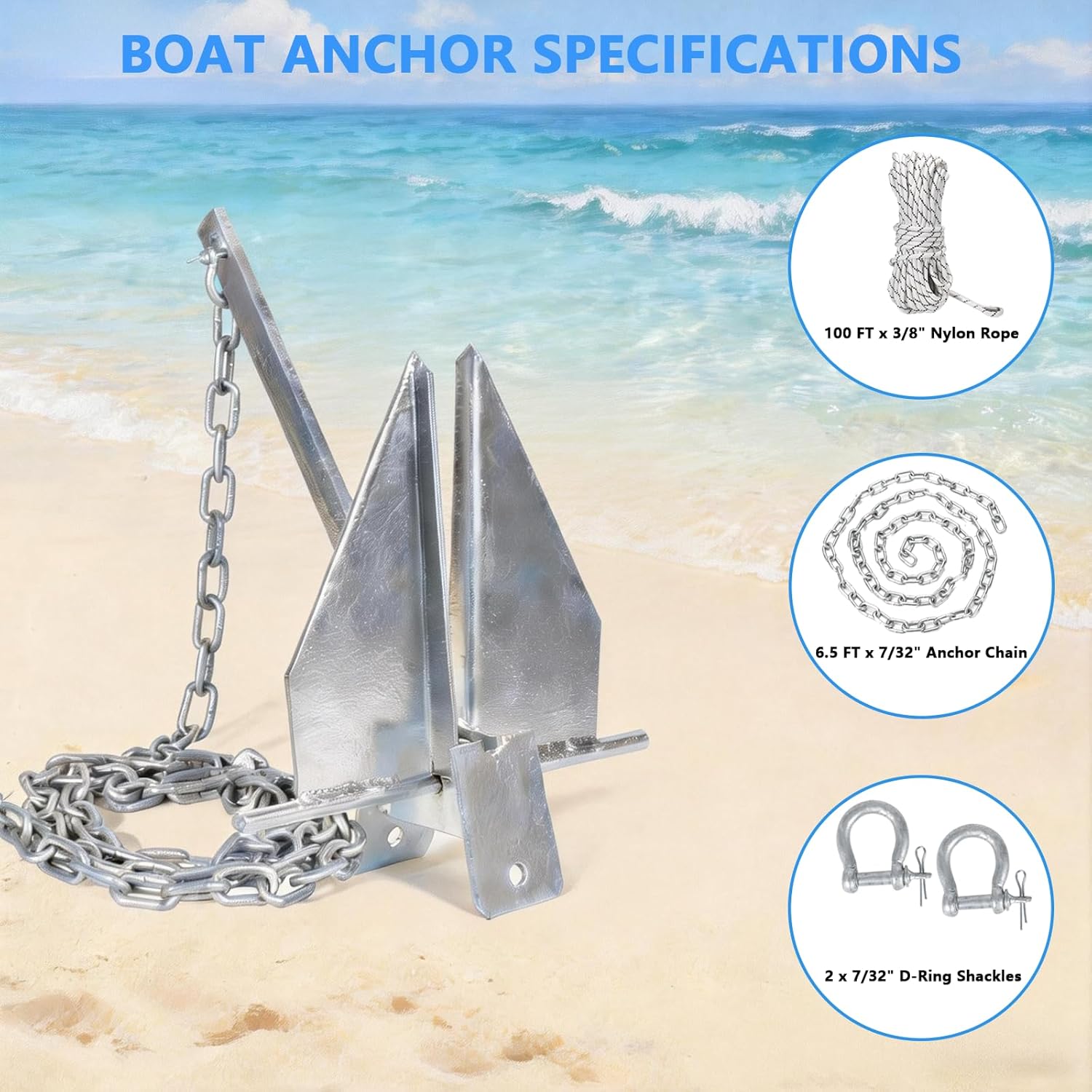 Heavy Duty Boat Anchor Kit, 5/8/10/13/18 lb Galvanized Danforth Anchor with Anchor Chain, Shakles and Boat Anchor Rope, Fluke Anchor Kit for Boats Pontoon, Deck, Fishing, and Sail - Image 3