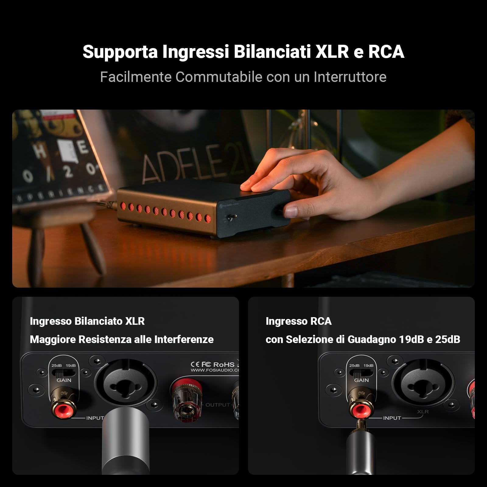 Fosi Audio V3 Mono Amplificatore Audio HiFi, Mini Amplificatore Monoblocco, Classe D TPA3255, 240W per Home Theater AVR Ricevitore Component, Ingressi Bilanciati RCA/XLR, Diffusori, con 48V/5A Power