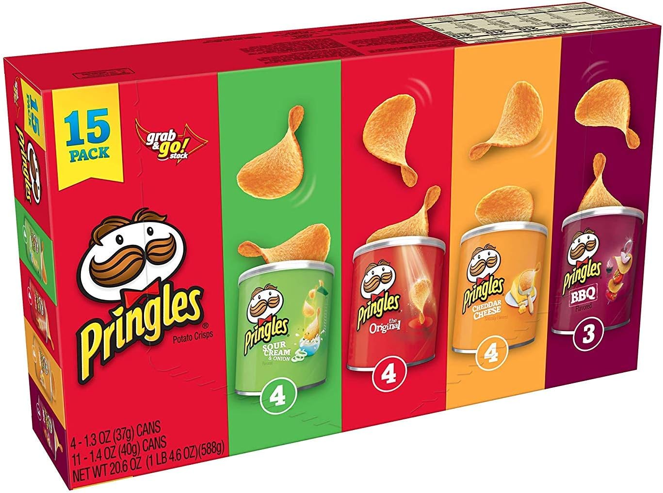 Pringles Potato Crisps Chips, Lunch Snacks, Office and Kids Snacks, Grab and Go Snack Packs, Variety Pack, 20.6oz Box (15 Cans)