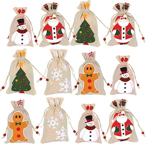 FZBNSRKO 12 bolsas de regalo de Navidad con cordón, bolsa de dulces con diseño de muñeco de nieve de Papá Noel para Navidad, vacaciones, suministros