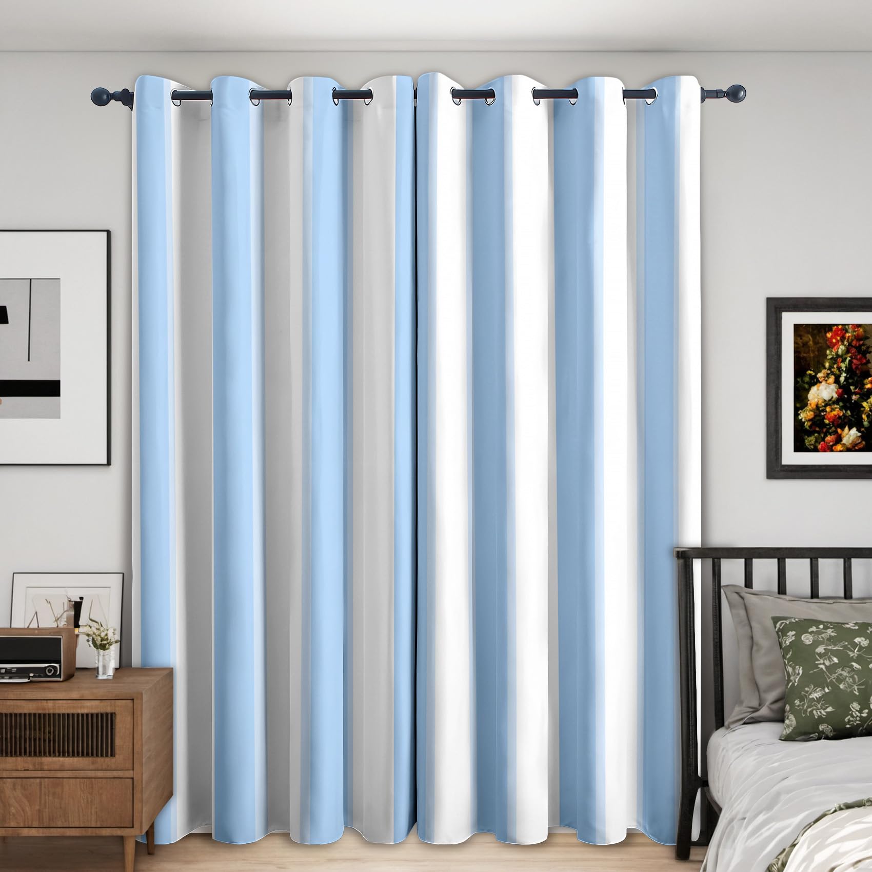 Générique Rideau Occultant Rayures Bleu et Blanc, 75 x 166 (LxH) 2 Pieces, Opaque 95%, Motif Géométrique, Rideaux Fenetre Thermiques à Oeillets, Decoration Maison Salon Chambre AT38