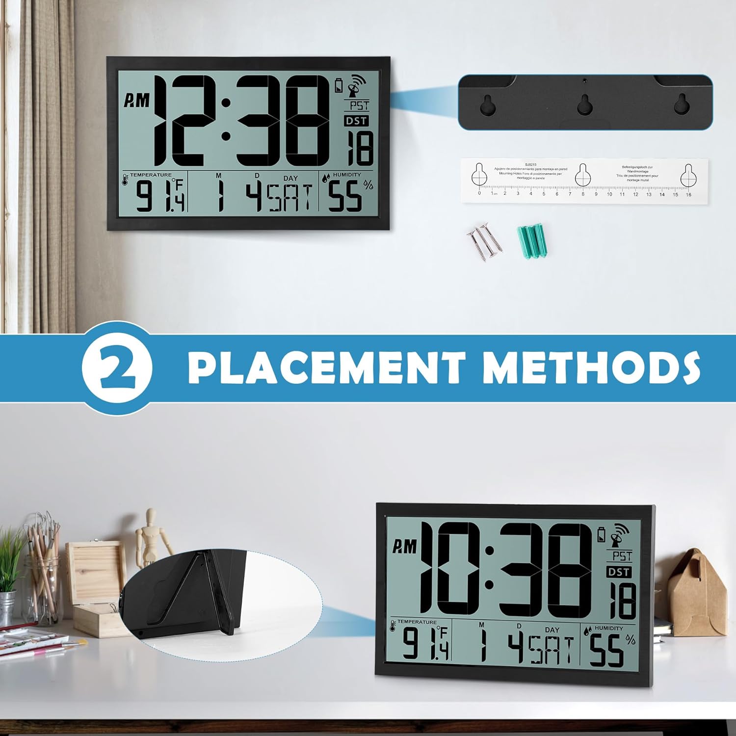 SZELAM Atomic Clock,16.7" Large Display Digital Wall Clock Battery Operated,Digital Calendar Auto Setting Desk Clocks with Indoor Temperature, Humidity,Date,Day,Auto DST for Elderly Bedroom Classroom