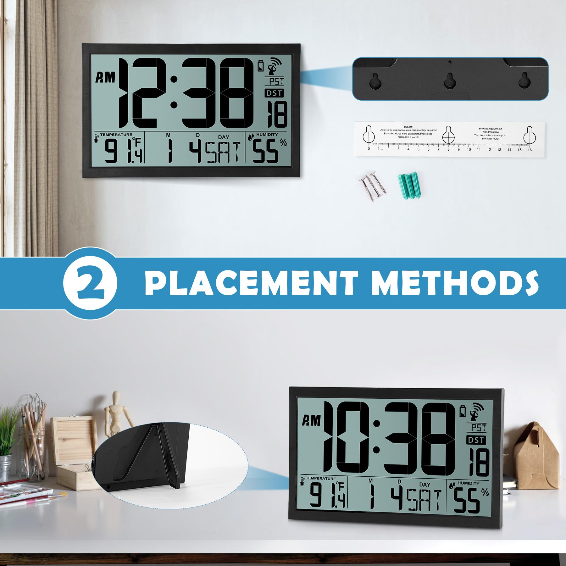 SZELAM Reloj de Pared Digital atómico con retroiluminación, Reloj de Pared Digital Grande de 15 Pulgadas, Reloj Digital de Pantalla Grande con día, Fecha y Temperatura