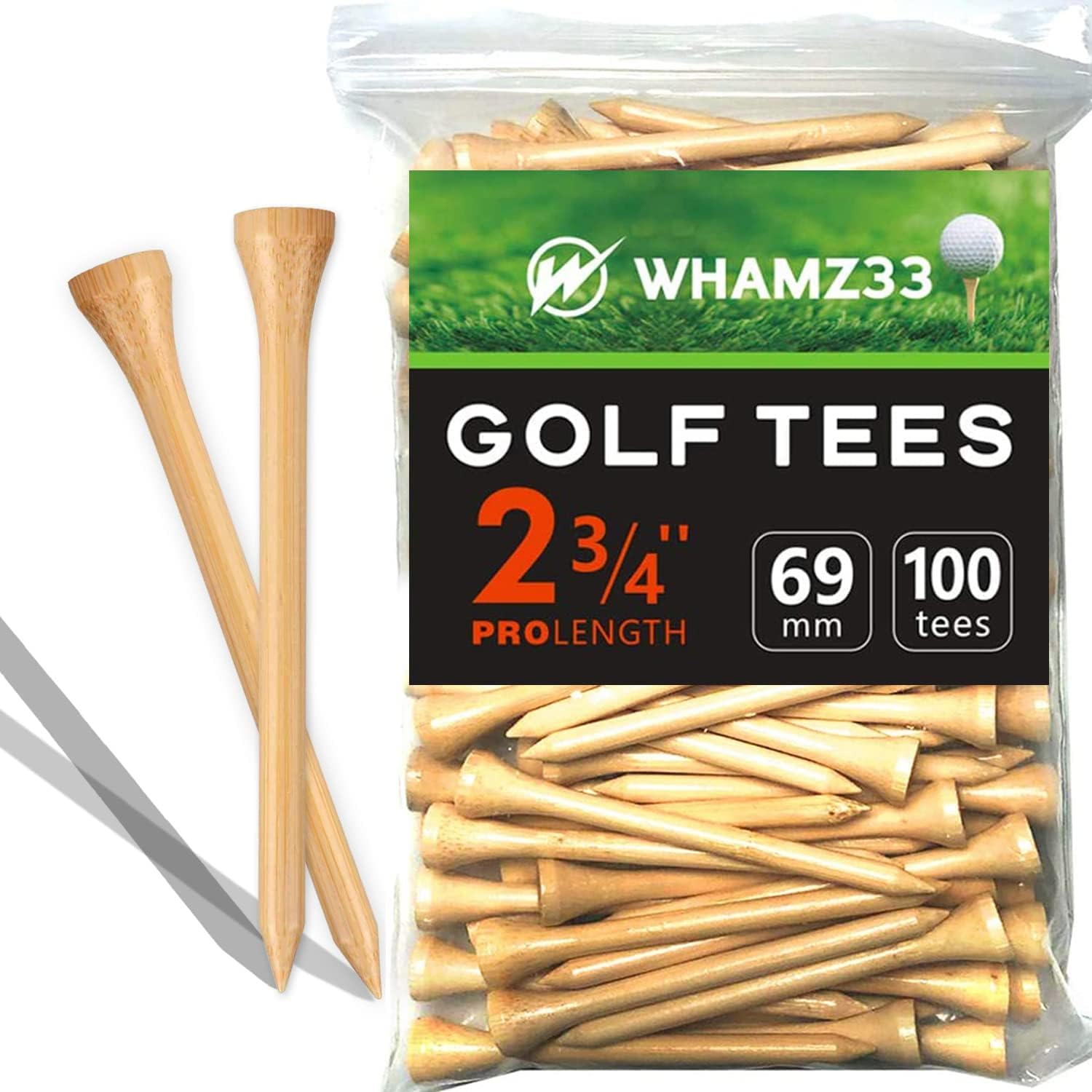 whamz33 Professional Bamboo Golf Tee 2-3/4 inch Tee Pack of 100