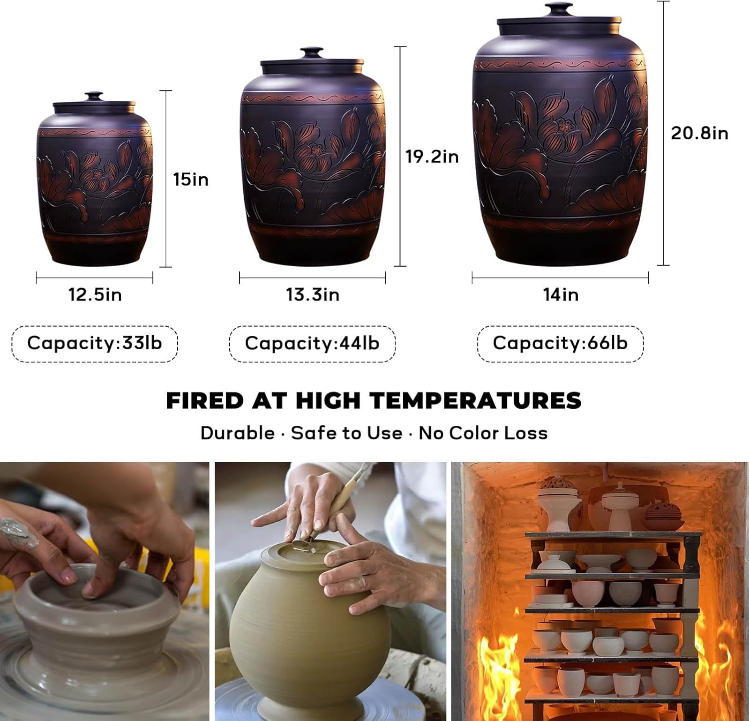 Rice & Grain Storage Container 33lb 44lb 66lb Rice Grain Dispenser Ceramic Rice Cylinder with Lid Airtight Bulk Food Storage Kitchen & Pantry Organization for Flour, Rice, Grain, Dry Food(66lb)