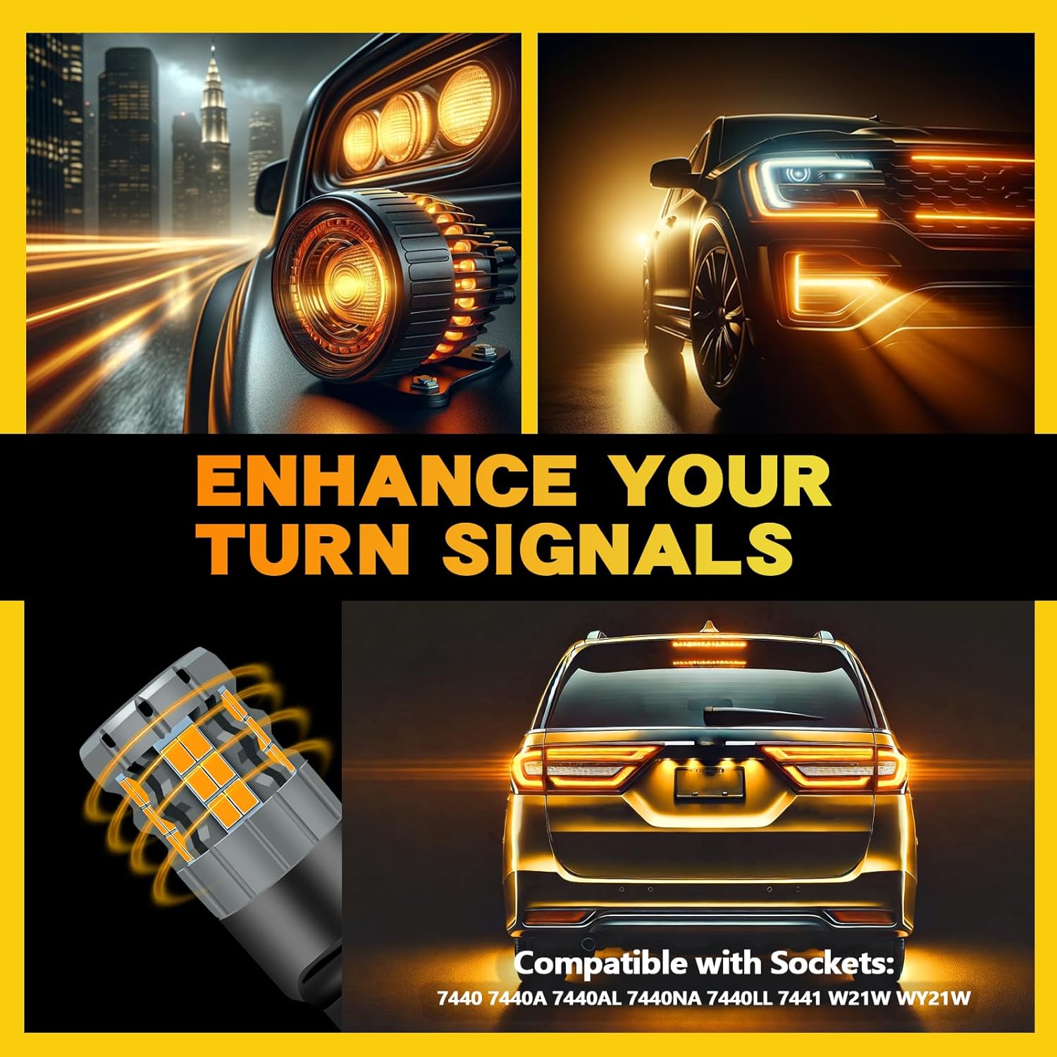 7440 LED Turn Signal Bulbs Compatible For Honda Odyssey 2005-2010 (Front) & 1995-2023 (Rear), Amber Yellow, Plug and Play, Pack of 2