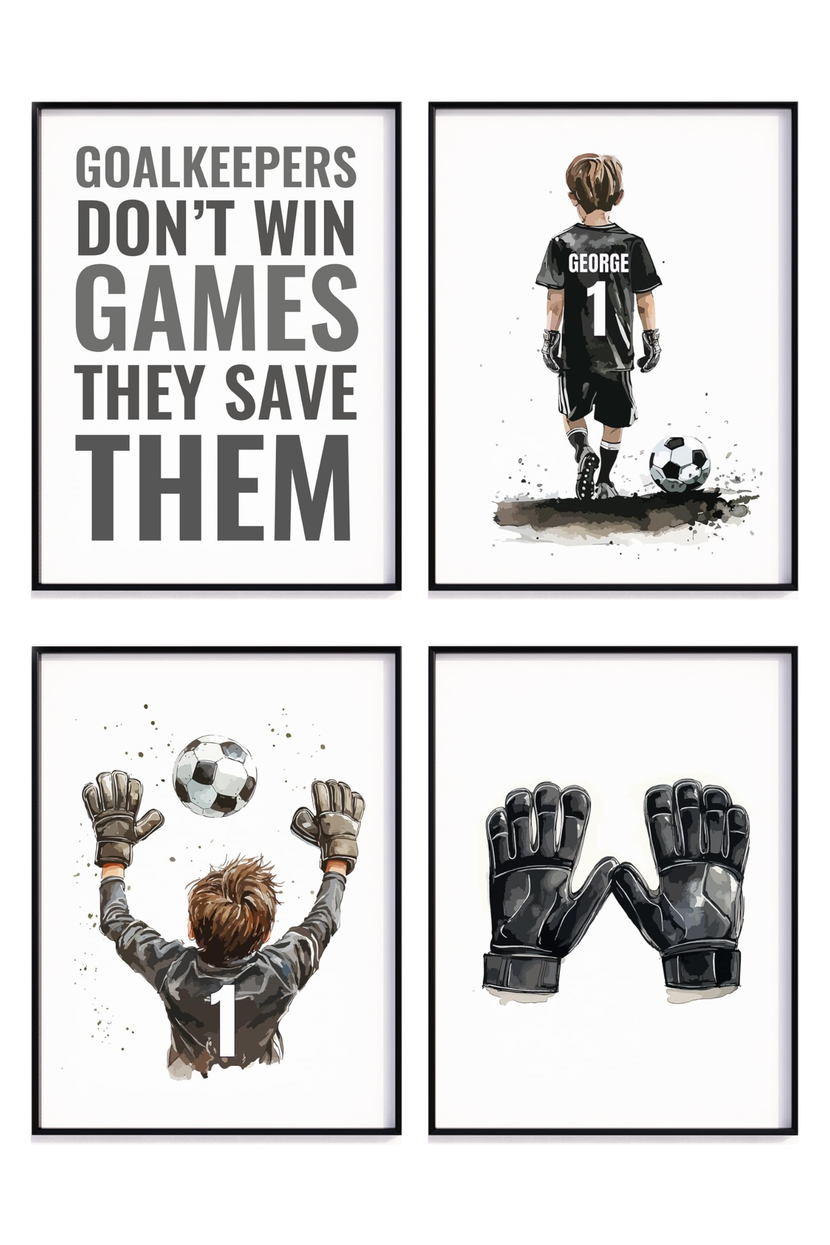 Personalised Football Wall Art, Boys Room Decor, Football Poster, Football Prints, Football Shirt, Goal Keeper Art, Gift For Goal Keeper (4 A4 Prints Only (No Frame))