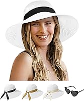 SenkerFashion Women's Wide Brim Straw Floppy Sun Hat UPF 50+ Packable Beach Vacation Garden Hat with Glasses & Bows