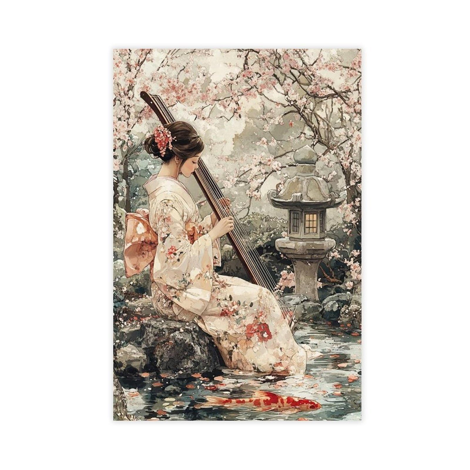 Lxwnze Unframed Print-Style Japanese Cherry Blossom Garden Scene Canvas Poster For Dorm Room Decor Gift