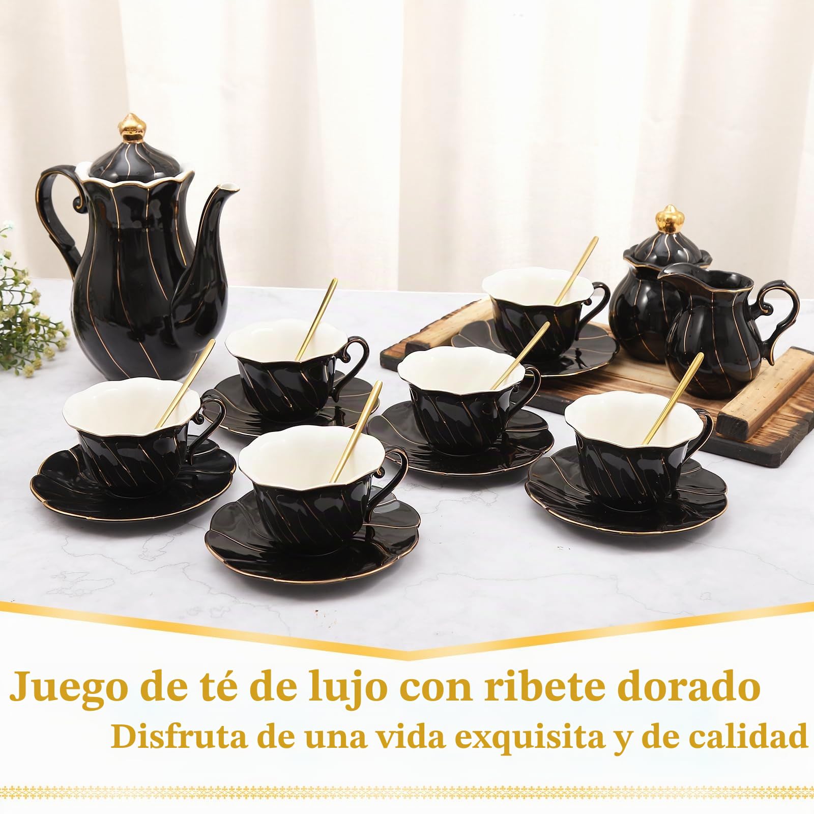 DUJUST Juego de té de porcelana de 22 piezas para 6, juego de tazas de té y café de estilo británico de lujo con borde dorado, hermoso juego de té para mujeres, juego de fiesta de té, paquete de