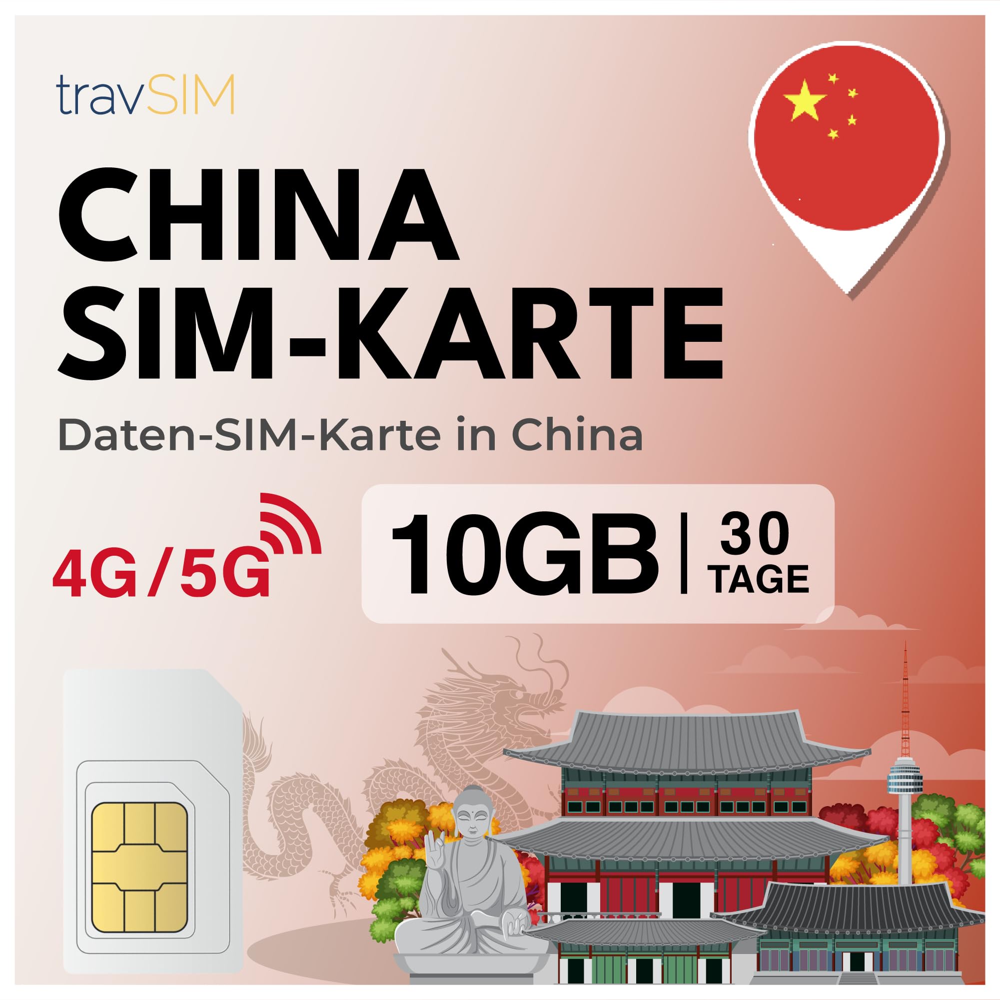 travSIM China SIM Karte | 10GB Mobile Daten | Unicom Netzwerk | Funktioniert auf iOS und Android Geräten | Der Plan auf Dieser SIM Karte für China ist 30 Tage lang gültig.