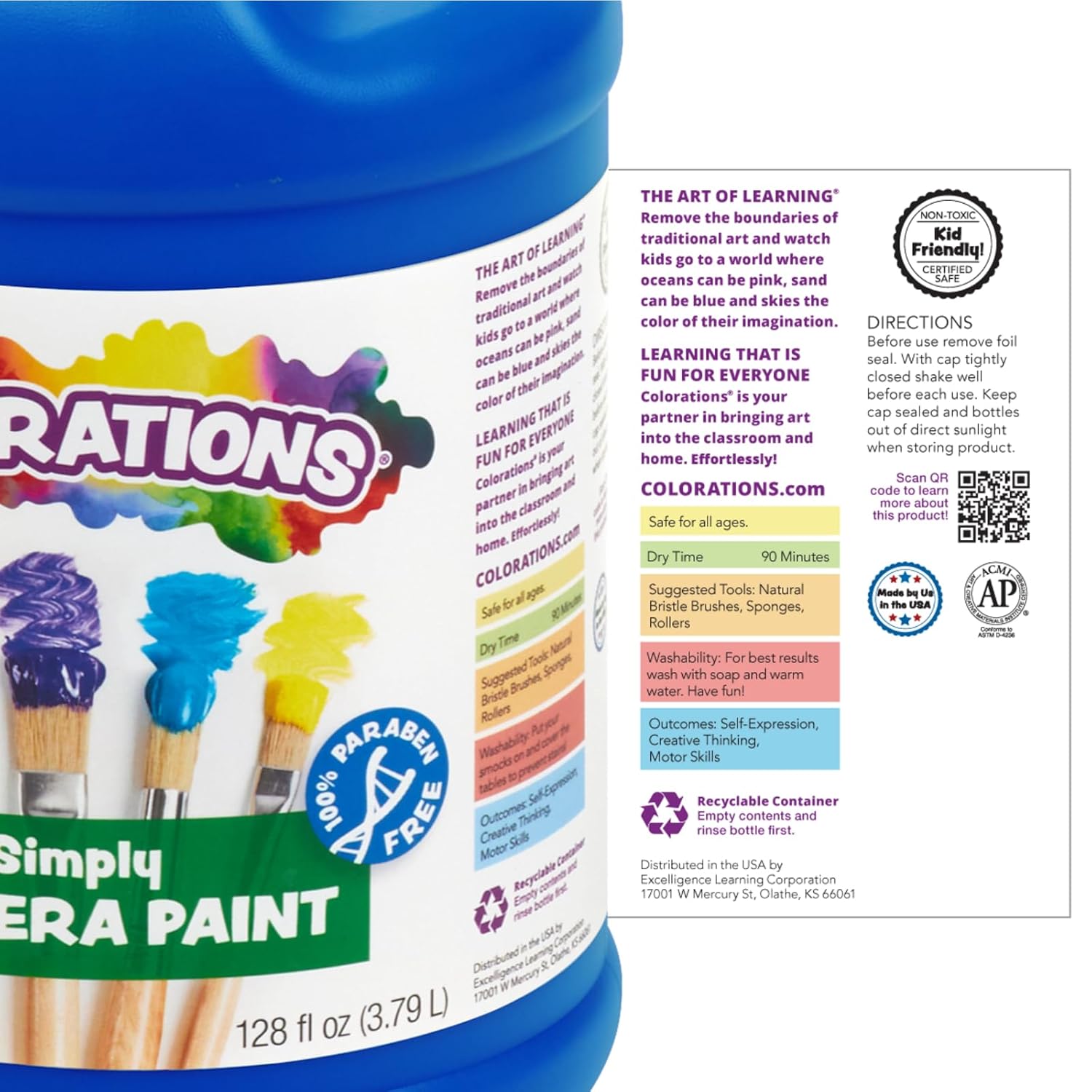 Colorations Paraben-Free Washable Tempera Paint for Kids - Set of 12 Colors, Gallon Value Sizes, Vibrant Poster and Classroom Paint for Creative Projects, Washable, Made in USA, Non-Toxic