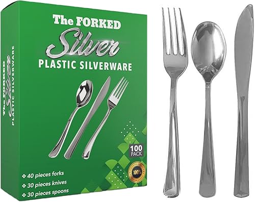Juego de 100 cubiertos de plástico plateado para fiesta, juego combinado de cubiertos de lujo, desechables y duraderos, 40 tenedores, 30 cuchillos y
