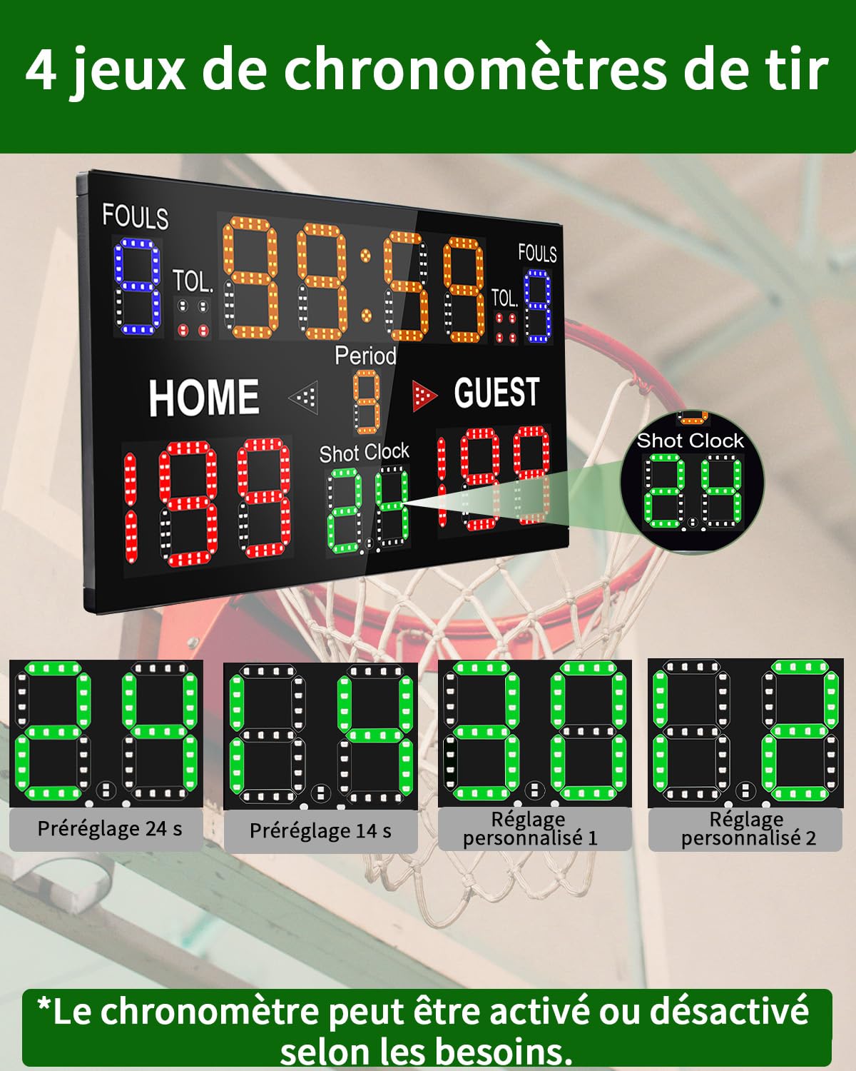 LUCKY TIME Tableau de score de basket-ball avec horloge de tir, 12/14/24/30/25/60 secondes, tableau de score numérique avec télécommande, tableau de score électronique alimenté par piles pour