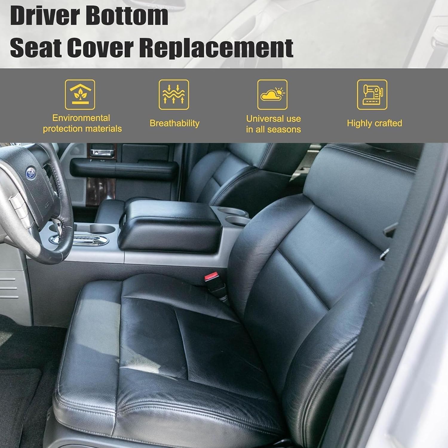 Priprilod Black Leather Driver and Passenger Side Bottom and Top Lean Back Replacement Seat Cover Compatible with Ford F150 Lariat 2004 2005 2006 2007 2008