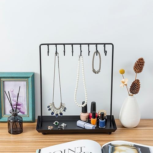 Miniatura 3 de MyGift Soporte de joyería de metal negro para mujer, soporte organizador de joyas para collares con 20 ganchos y bandeja para anillos, poste