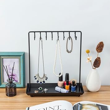MyGift Black Metal Jewelry Organizer Stand, 20 Hook Necklace Holder