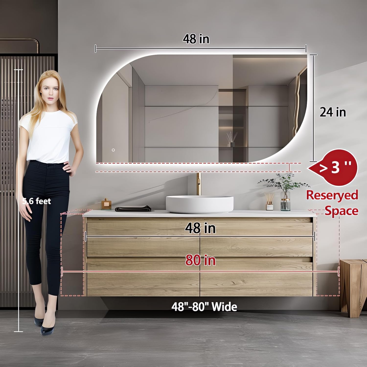 LED Mirror for Bathroom, 48" x 24" Shaped Backlit Mirror wall Lighted Mirror with Frameless Design, Dimmable Light, Anti-Fog, UL Listed, Room Decor for Bedroom Horizontal/Vertical