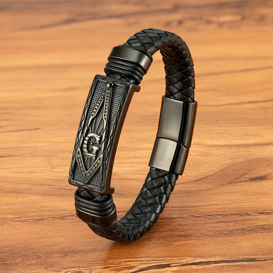 Men's Vintage Braided Leather Bracelet - Silver Stainless Steel All-Seeing Eye Engraved Wristband with Clasp, Masonic Symbol A-G Jewelry for Men