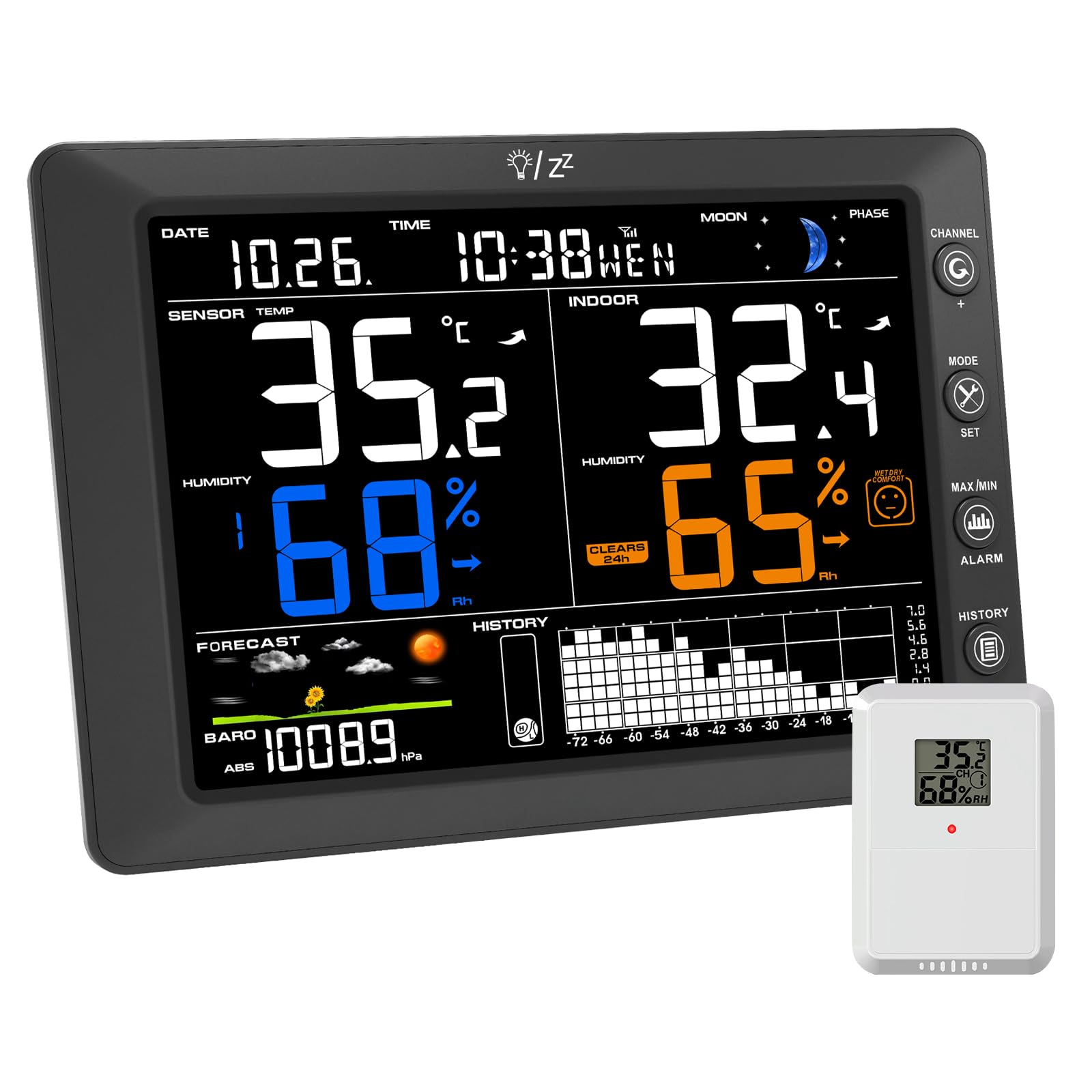 Urageuxy Wetterstation Funk mit Außensensor, 8,3 Zoll VA-Farbdisplay, DCF Funkuhr, Wettervorhersage, Innen- & Außentemperatur, Luftfeuchtigkeit, Luftdruck, 100 m Funkreichweite, für bis zu 8 Sensoren