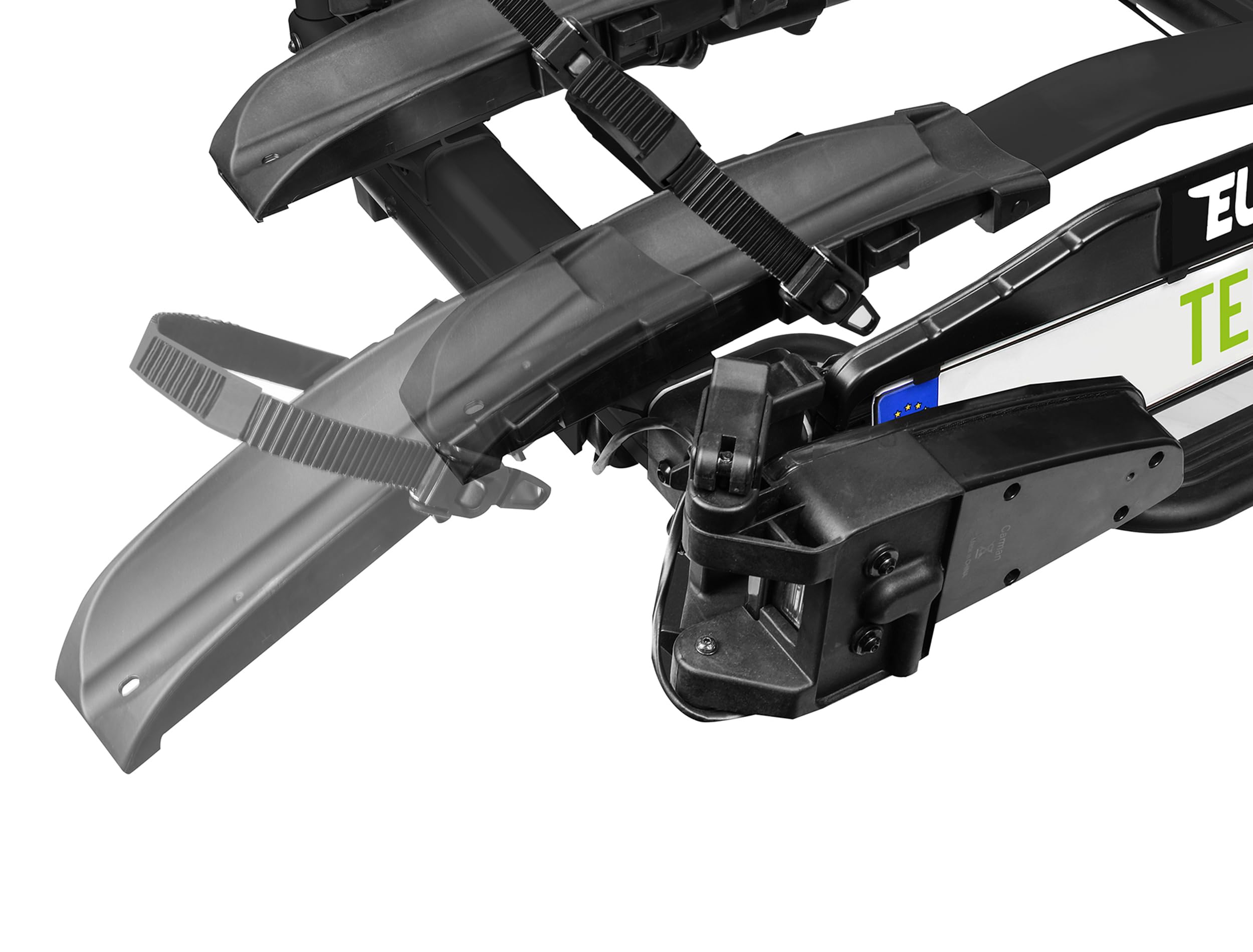 EUFAB 11650 Fahrradträger TECDC1+, Heckträger für 2 E-Bikes, 60 kg Nutzlast, abklappbar Fußpedal, LED-Rückleuchten, vormontiert, Schwarz