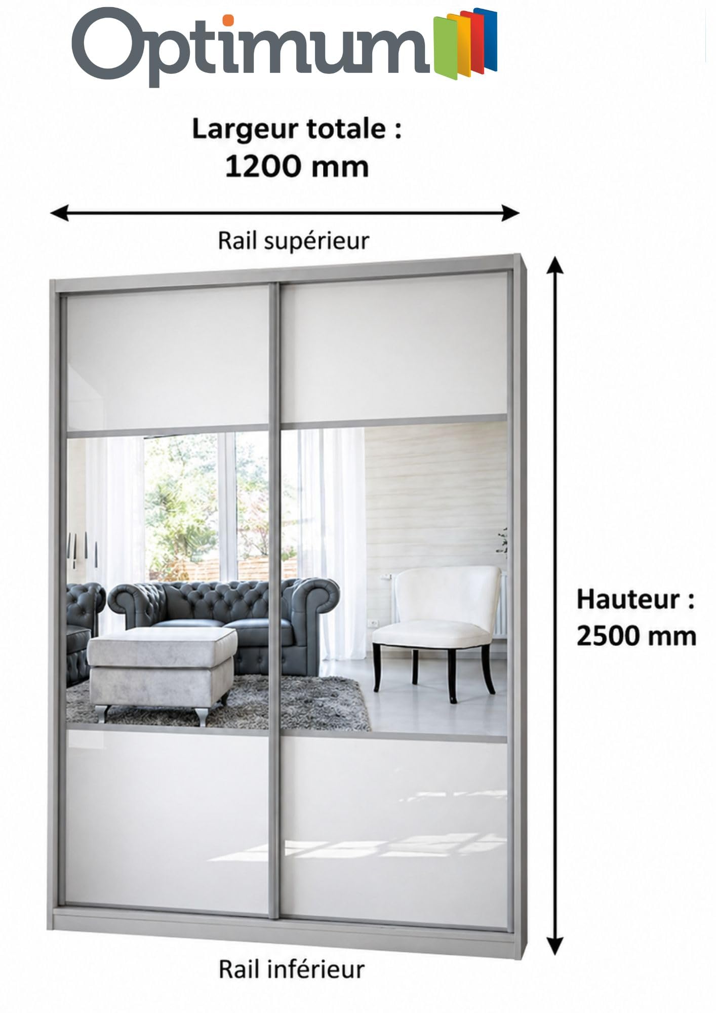 OPTIMUM 2 Portes de Placard coulissantes pour Une Hauteur de 250 cm et Une Largeur Totale de 120 cm, décor Brillant Blanc, partitionné Miroir Argent, profils et Rails Gris Inclus