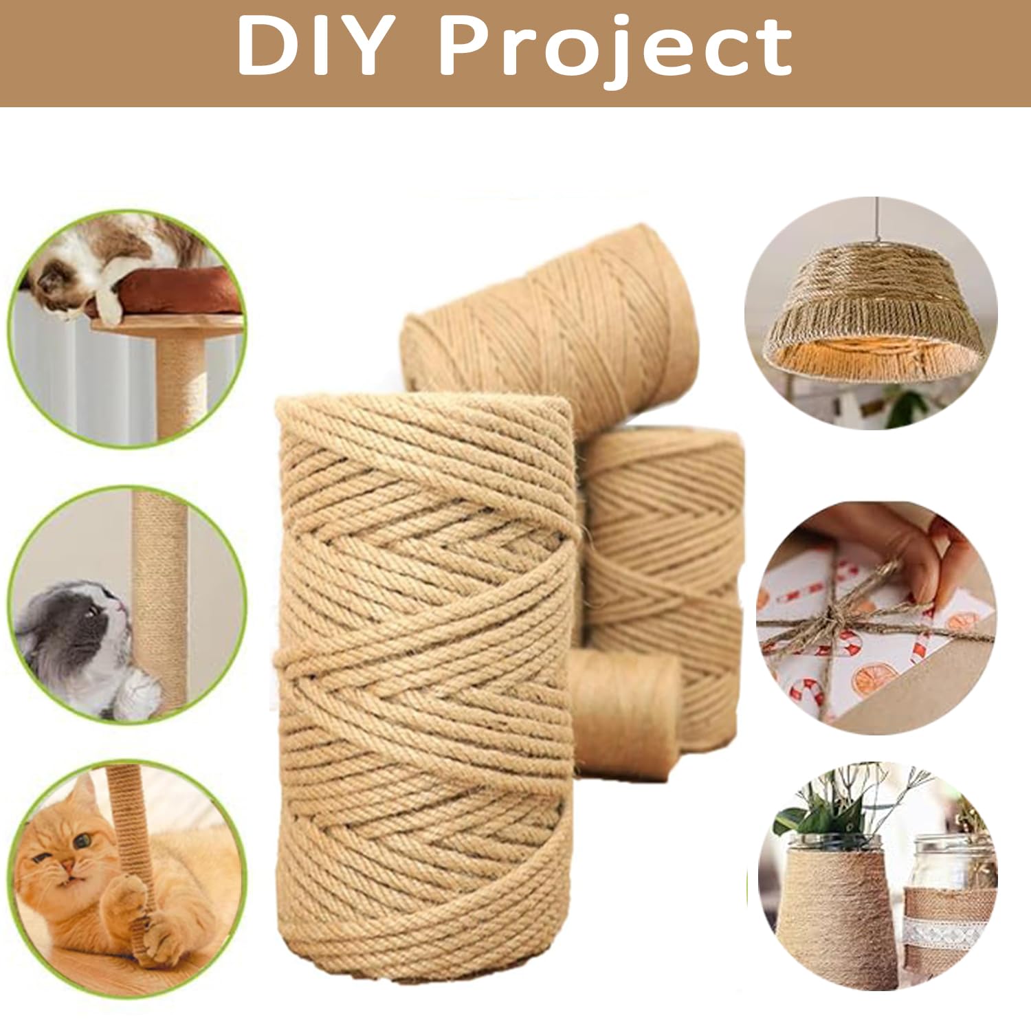 Cuerda de yute natural para gatos para reparar árboles de postes de rascado, cuerda de bricolaje, para agrupar jardín, patas de muebles, decoración artística (18 mm x 30 metros)