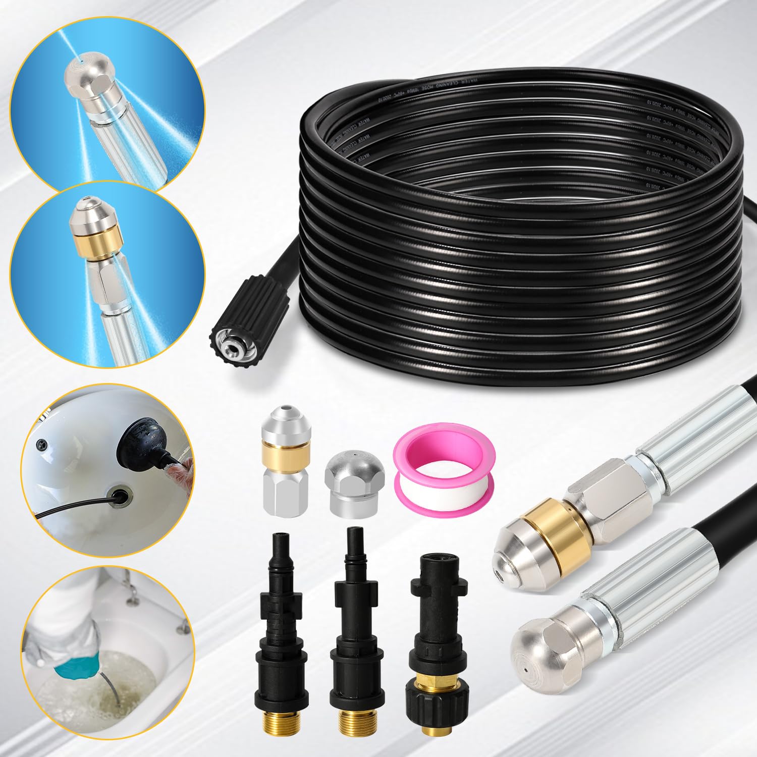 Rohrreinigungsschlauch 30 m für Kärcher K2 K3 K4 K5 K6 K7 HD Hochdruckreiniger, 160 bar, mit 2 Adaptern und 2 Düsen, starr + rotierend, 1/8 Anschluss, Rohrreinigungsset