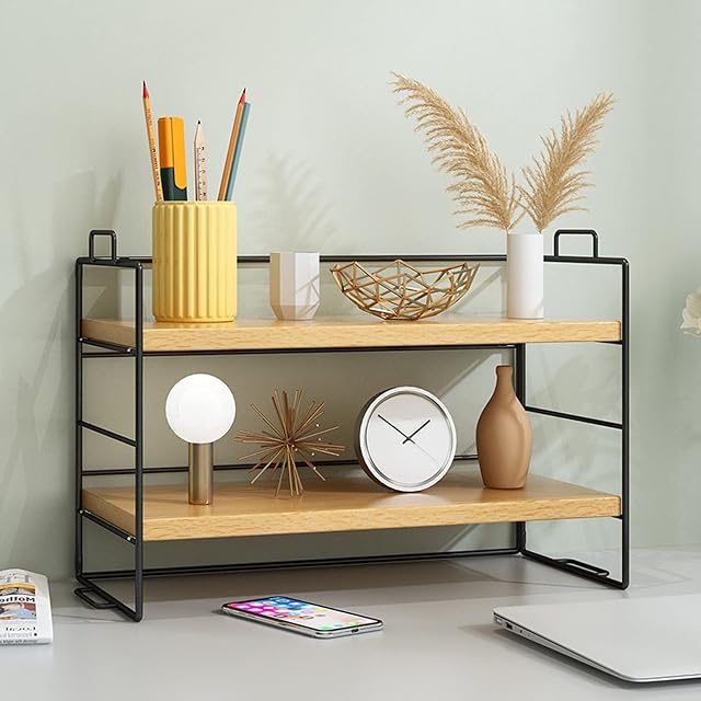 Desktop Storage Organizer, Display Bookshelf Organiser Counter Top Bookcase Free-Standing Desk Storage Multipurpose Spice Rack DIY for Office Supplies, Home, Bathroom, Kitchen, Easy Assemble (2-Tier)