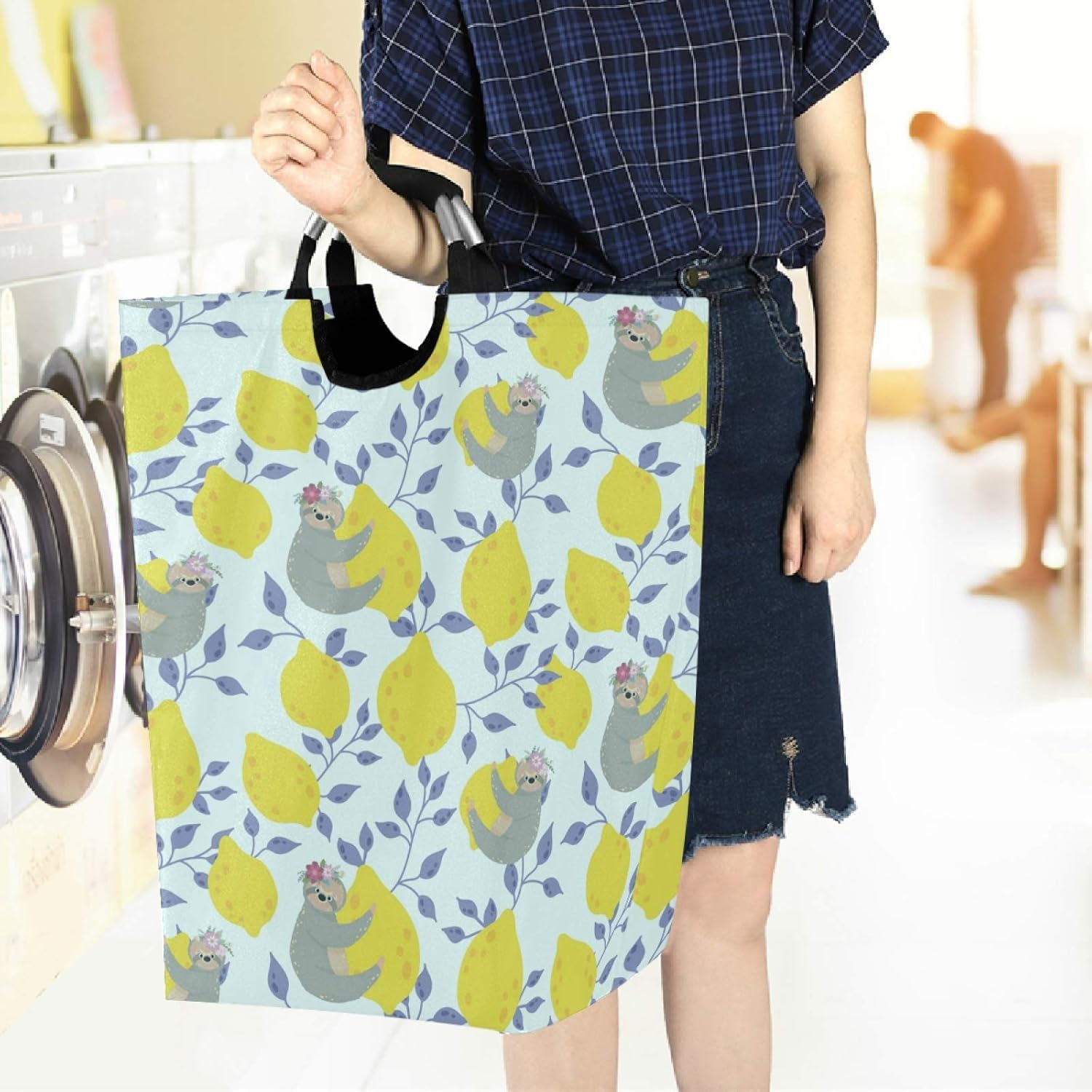 visesunny Large Capacity Laundry Hamper Basket Sloth Lemon Floral Water-Resistant Oxford Cloth Storage Baskets for Bedroom, Bathroom, Dorm, Kids Room