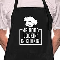Vista 1 de Rosoz Funny BBQ Black Chef Aprons for Men, Mr Goodlookin' is Cookin', Adjustable Kitchen Cooking Aprons with Pocket Waterproof Oil Proof Father’s