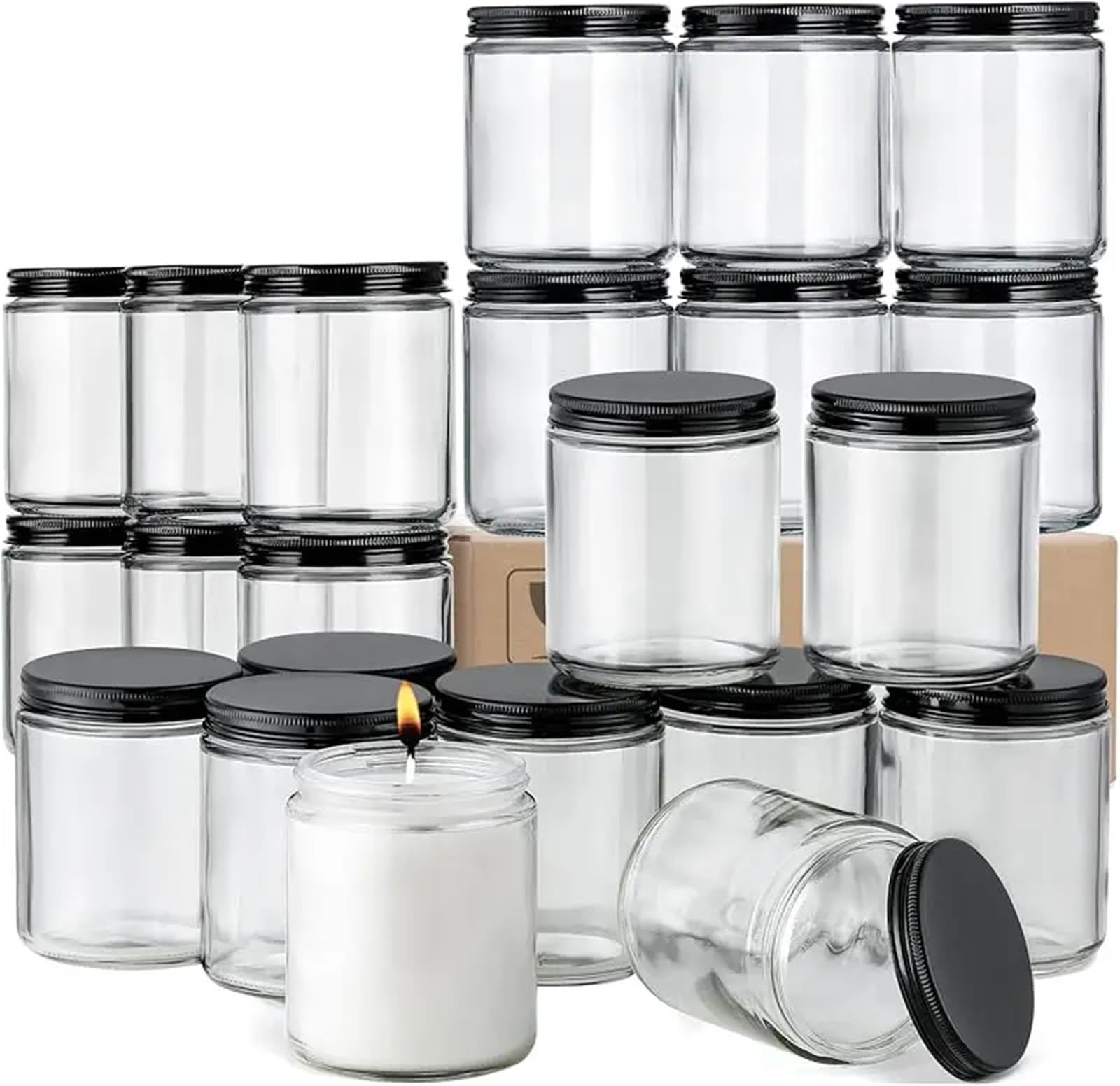 Xinglongs Puszka na świece, 24 szt., grube szklane słoiki o pojemności 230 ml, z metalowymi pokrywkami, przezroczyste, okrągłe pojemniki na świece i żywność
