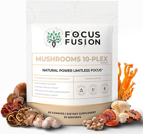 Focus Fusion 10-Plex Mushroom Gummies | Organic Fruiting Body Mushroom Gummies with Lion’s Mane, Reishi, Cordyceps & Chaga | Vegan, Plant-Based,
