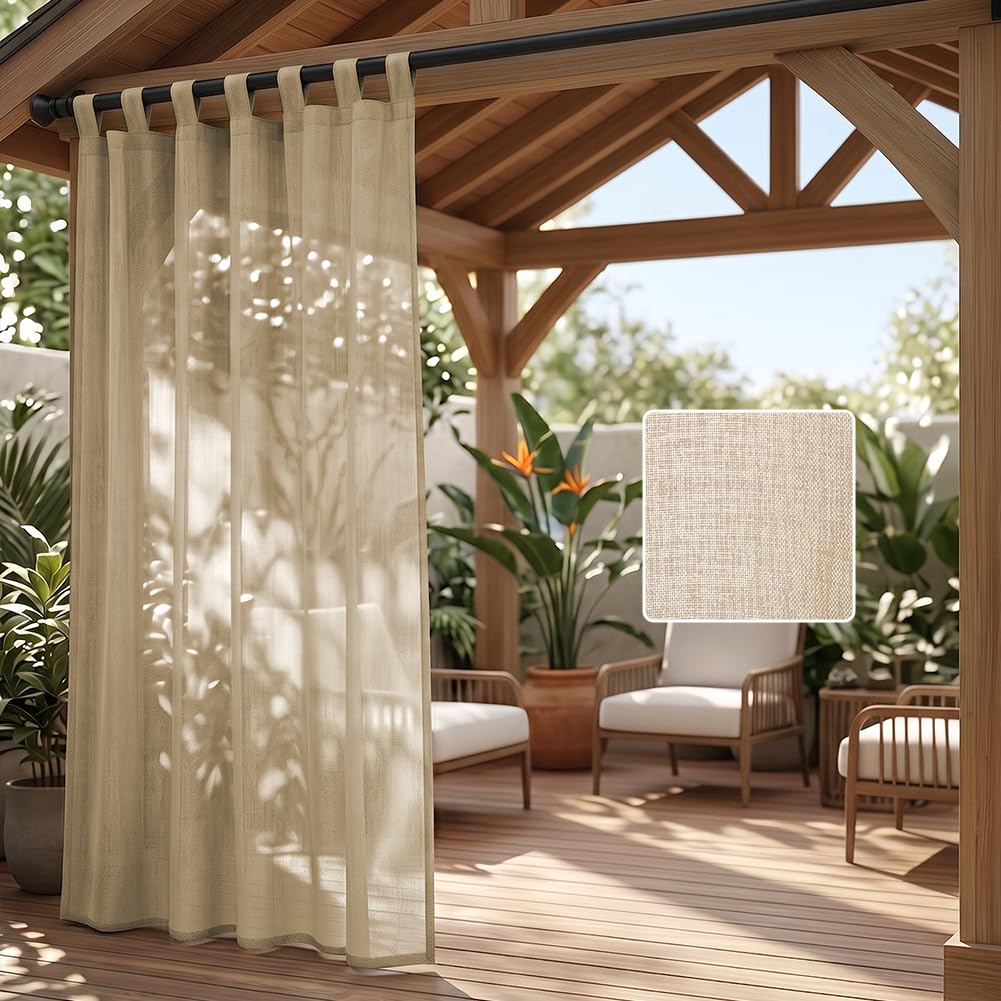 AUAUY 1 Panel Outdoor Curtain, Waterproof Sheer Curtains Linen, 132x243cm