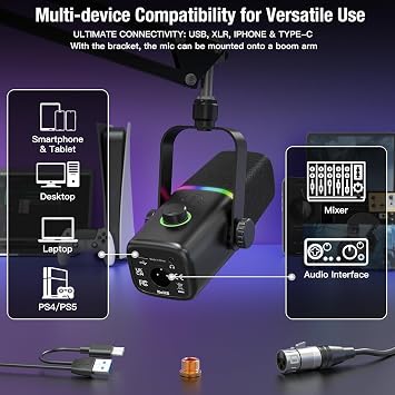 Coverzone Profesyonel Stüdyo Mikrofon Kayıt Condenser Masaüstü Canlı Yayın Mikrofonu PC USB C, Oyun, Podcast, Kayıt, Yayın, ASMR Sessiz/Eko, Telefon Adaptörü, Mac, Winows ile Uyumlu KD8 - Siyah