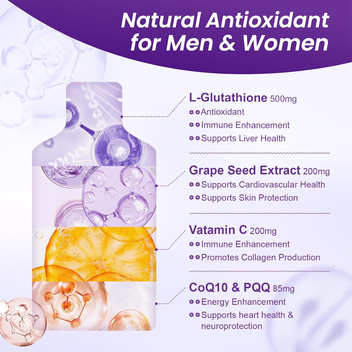 Liposomal Glutathione Supplement – 500mg Glutathione with PQQ, CoQ10 & Vitamin C – High Absorption Antioxidant for Immune & Energy Support – Grape Flavor, 30 Pouch - Image 3