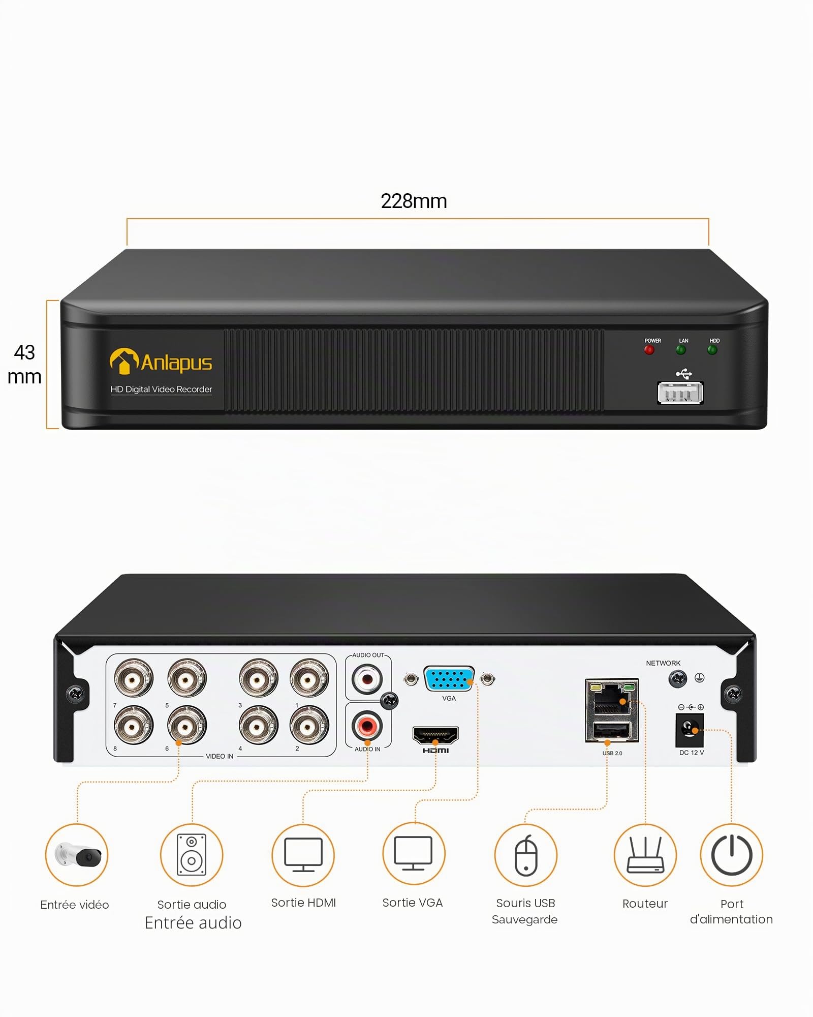 Anlapus H.265+ FHD 1080P 8CH Enregistreur Vidéo Numérique sans Disque Dur | Détection de Mouvement & Alerte par Email App Gratuite, Compatible avec Caméra de Surveillance TVI/CVI/AHD/960H