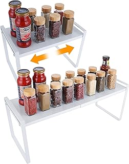 Oungy Paquete de 2 organizadores extensibles para armario de cocina, 2 tamaños, color blanco, 22 x 17 cm, 22 x 25 cm, organizador de almacenamiento para encimera de cocina (rango ajustable: 35-65 cm)