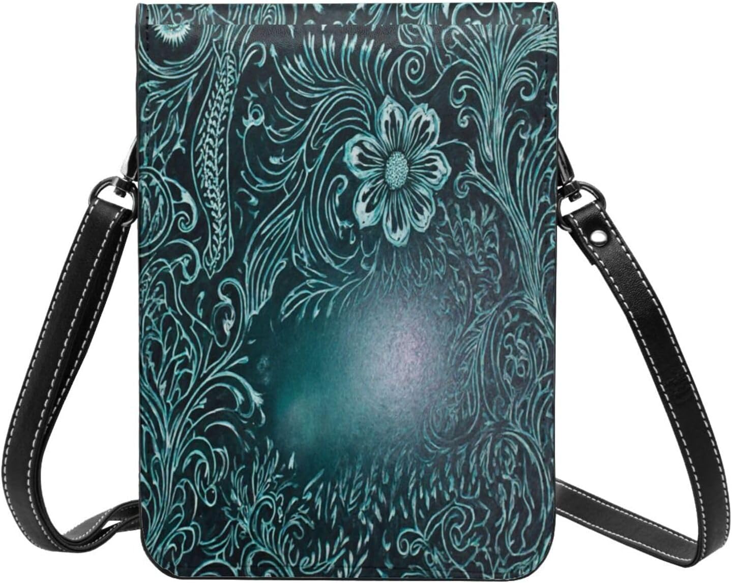 Rustic Cowboy Cowgirl Western Turquoise Floral Small Cross Body Bags, PU Leather Cell Phone Purse with Adjustable Strap
