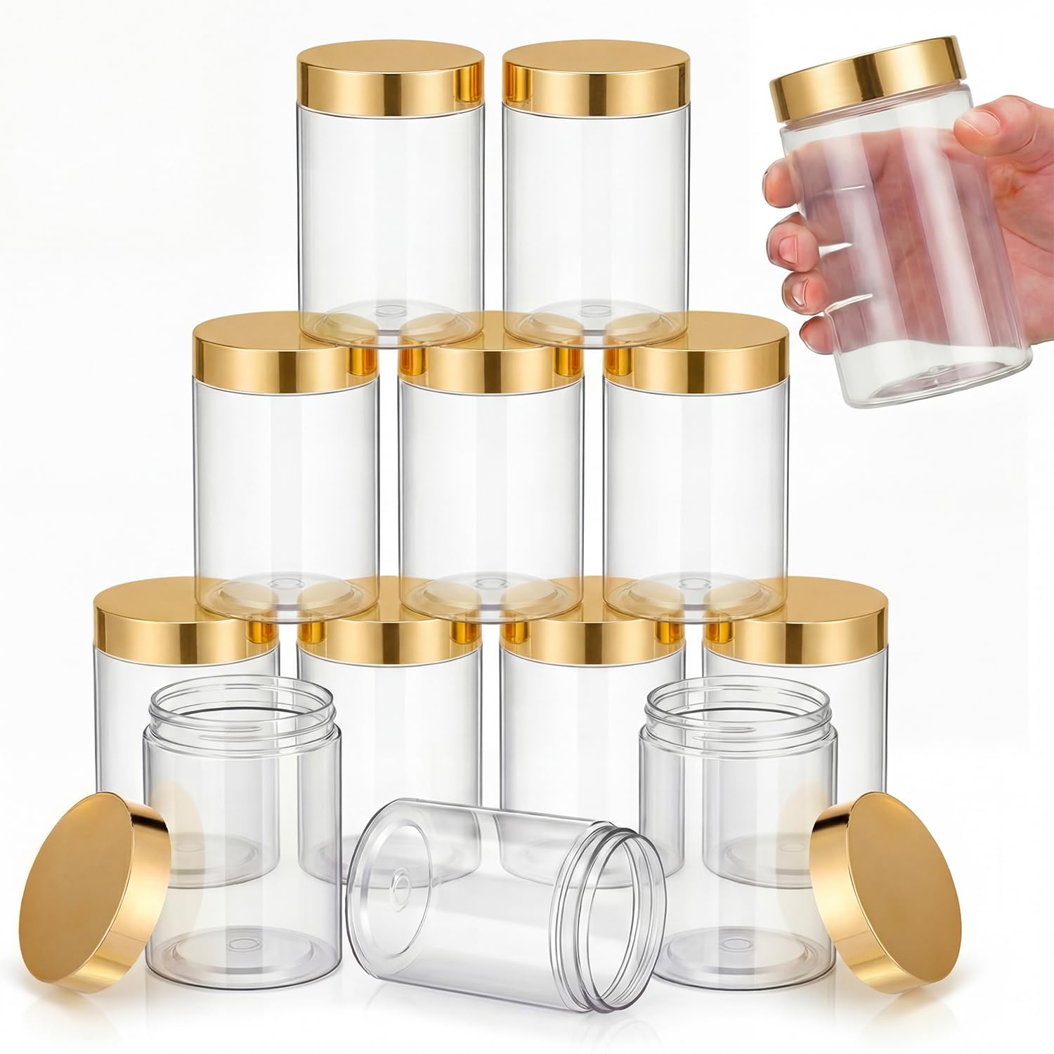 SATINIOR 12 Pack 10 oz Plastic Container Jars with Lids Round Clear Travel Cosmetic Container Slime Jars for Toiletries, Lotion, Cream, Ointments, Makeup, Rhinestone, Samples, Kitchen Storage(Gold)