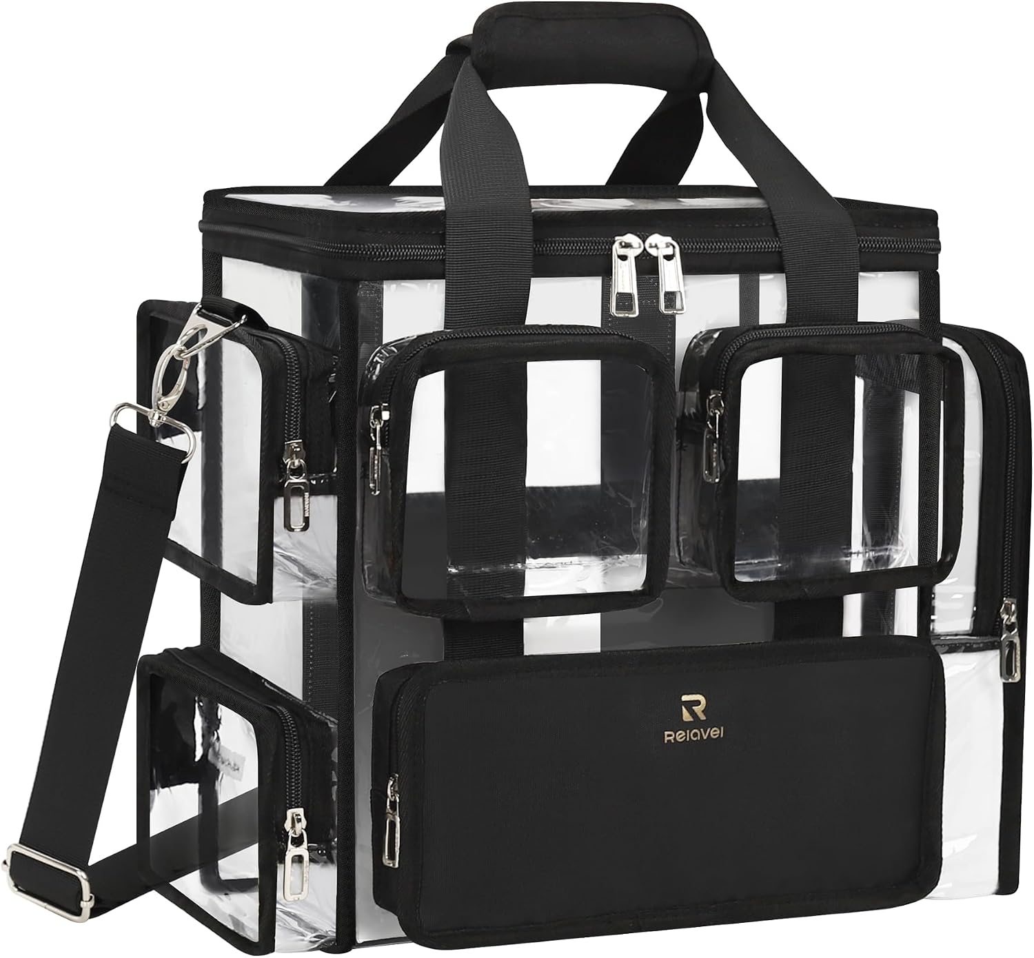 Relavel Large Clear Makeup Bag, Professional Cosmetic Organizer for Traveling,Makeup Artist Kit Set Bag Hairstylist Bag with Removable Dividers, Transparent PVC Work Tote Bag Duffle Bag for Women