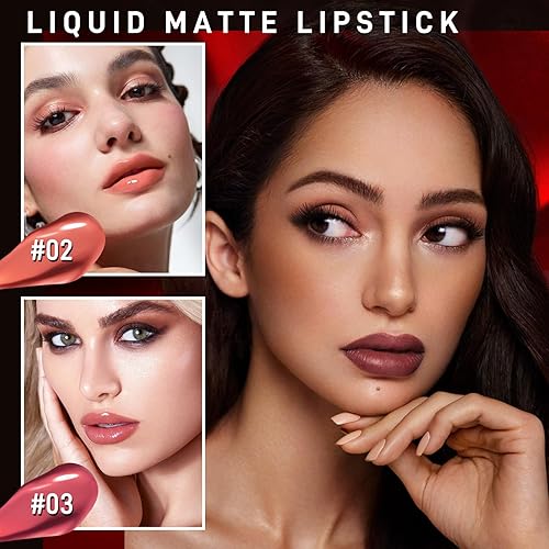 Miniatura 4 de Juego de lápices labiales líquidos mate, 6 colores 2 en 1, kit de brillos de labios mate, esmalte labial negro de terciopelo para mujeres, tinte de