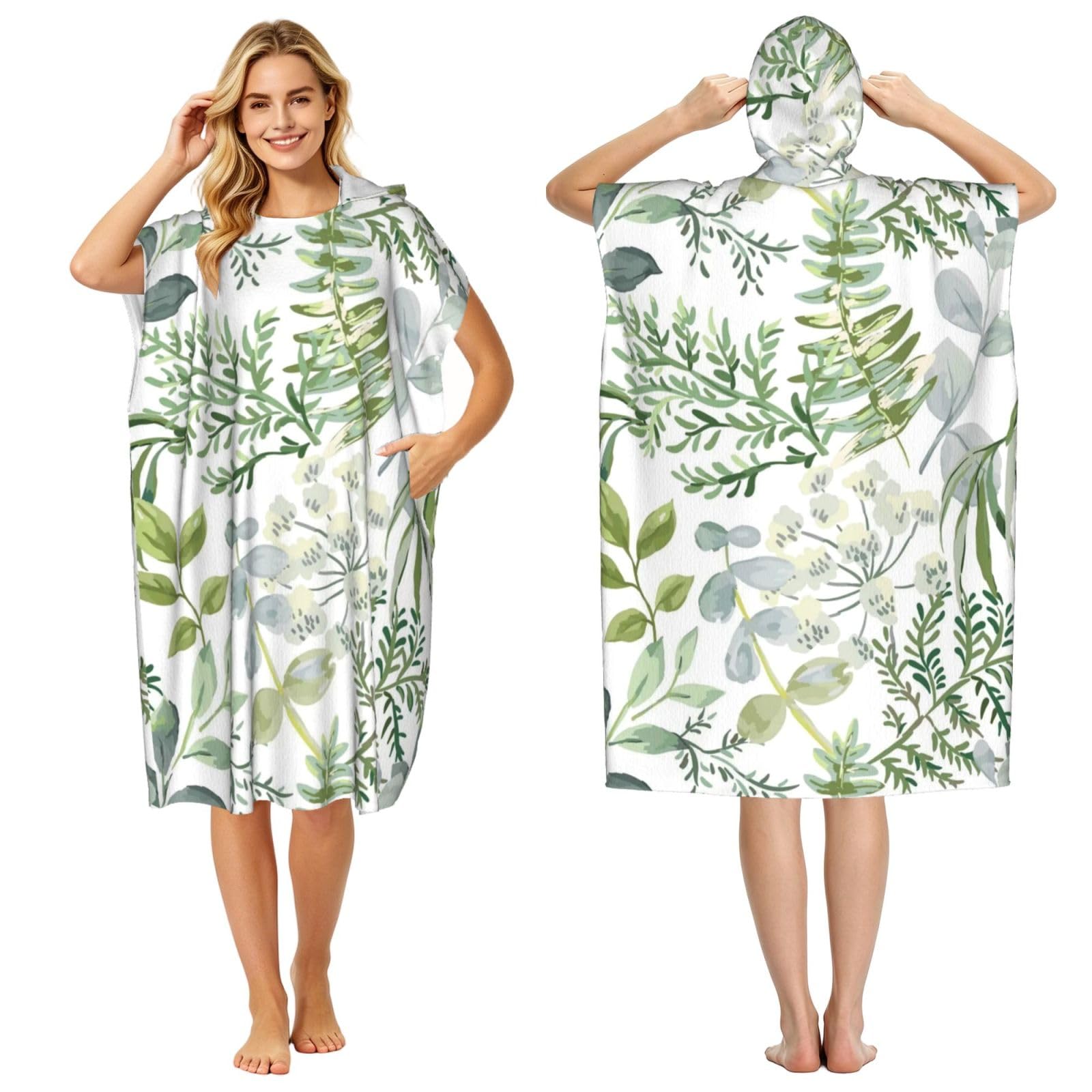 Poadnly Green Plant Green Fern, Adult Hooded Beach Towel 90 x 110 cm,Changing Bath Robe, Surf Poncho Towel For Women Men