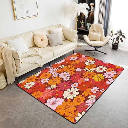 jejeloiu Alfombra Groovy de 5 x 7 pulgadas, diseño de flores hippie retro, para interiores, estilo vintage, bohemio, floral, sala de estar, alfombra