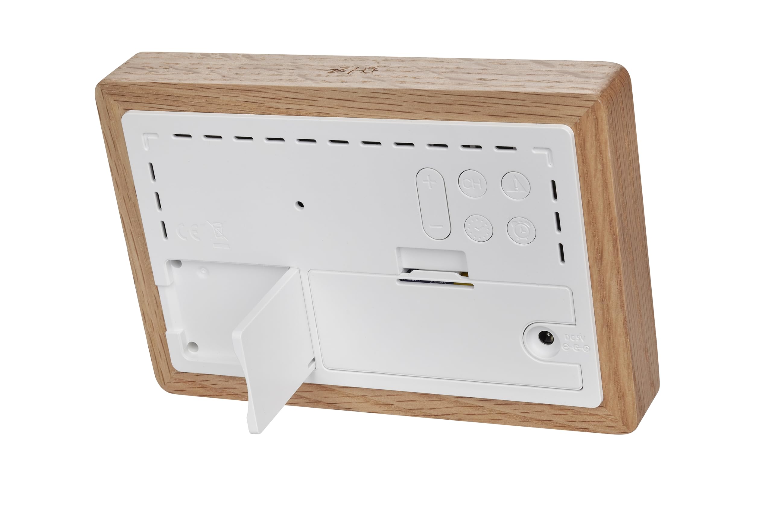TFA Dostmann Oak 35.1167.54 - Estación meteorológica inalámbrica con sensor exterior y marco de madera, temperatura interior y exterior, ventilación recomendada, intensidad variable, reloj despertador